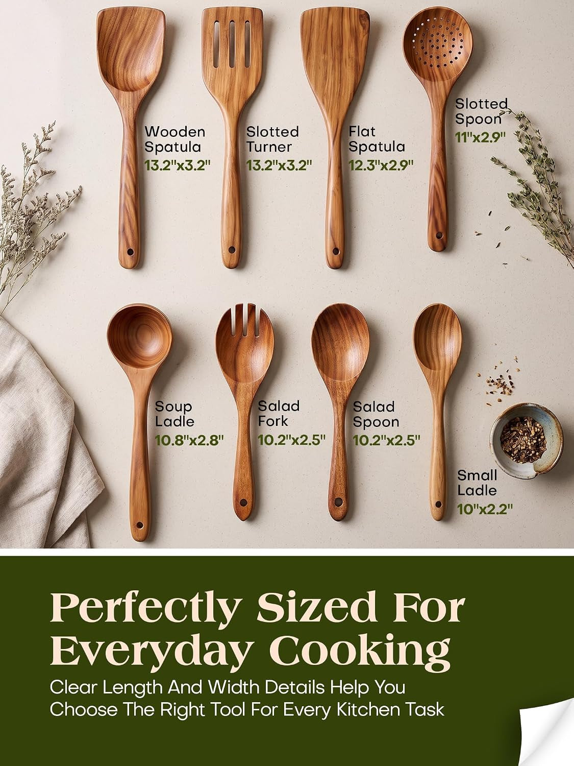 Teak Wood 8-Piece Wooden Kitchen Utensils Set, Wooden Spoons for Cooking, Smooth Wood Spatula Set for Nonstick Cookware, Daily Cooking, Housewarming Gift