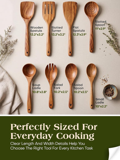 Teak Wood 8-Piece Wooden Kitchen Utensils Set, Wooden Spoons for Cooking, Smooth Wood Spatula Set for Nonstick Cookware, Daily Cooking, Housewarming Gift