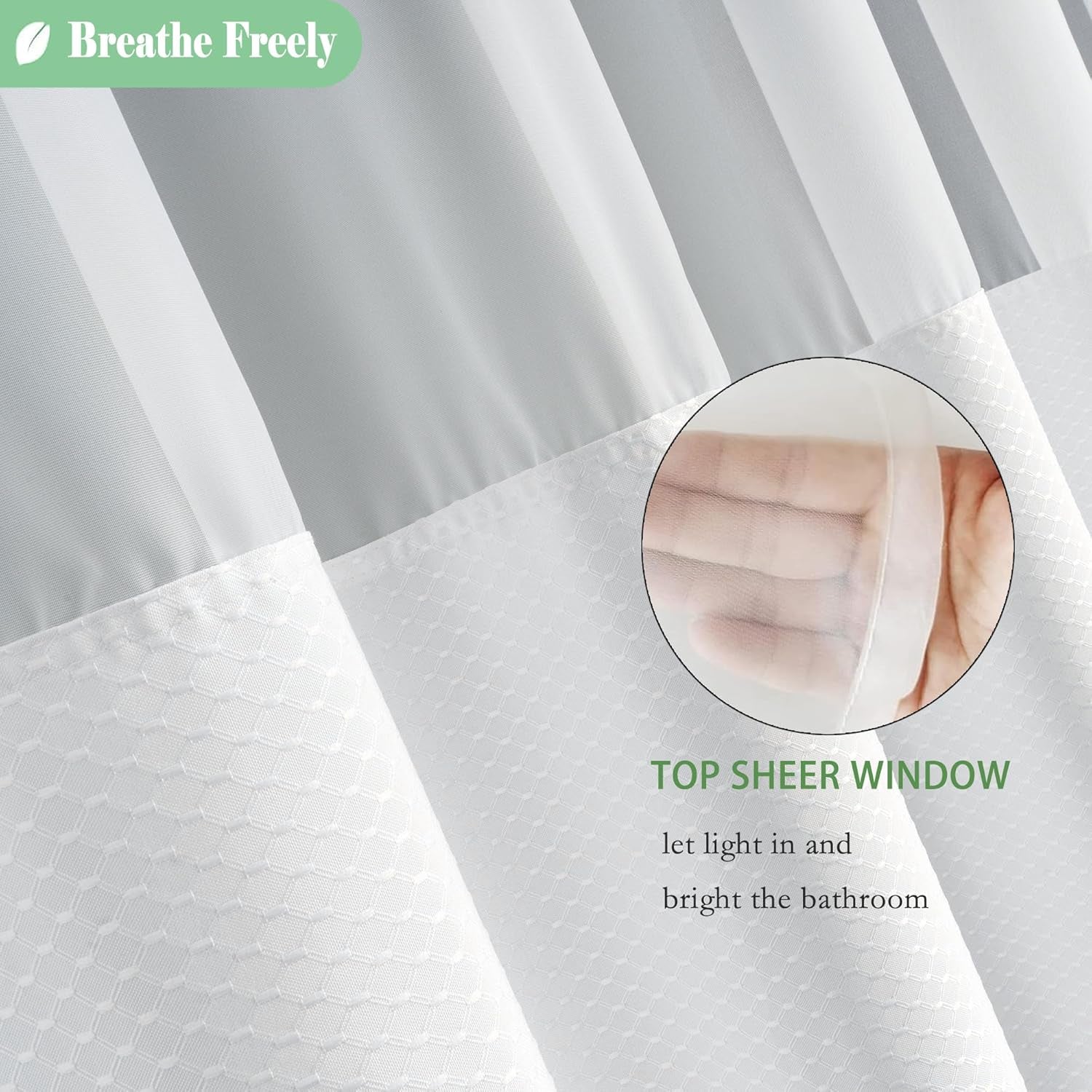 Waffle Weave Fabric Shower Curtain with Mesh Window, Heavy Duty Decorative Bathroom Curtain with White Pique Pattern, Spa-Like Hotel Luxury, Water-Repellent,71X 74 Inches