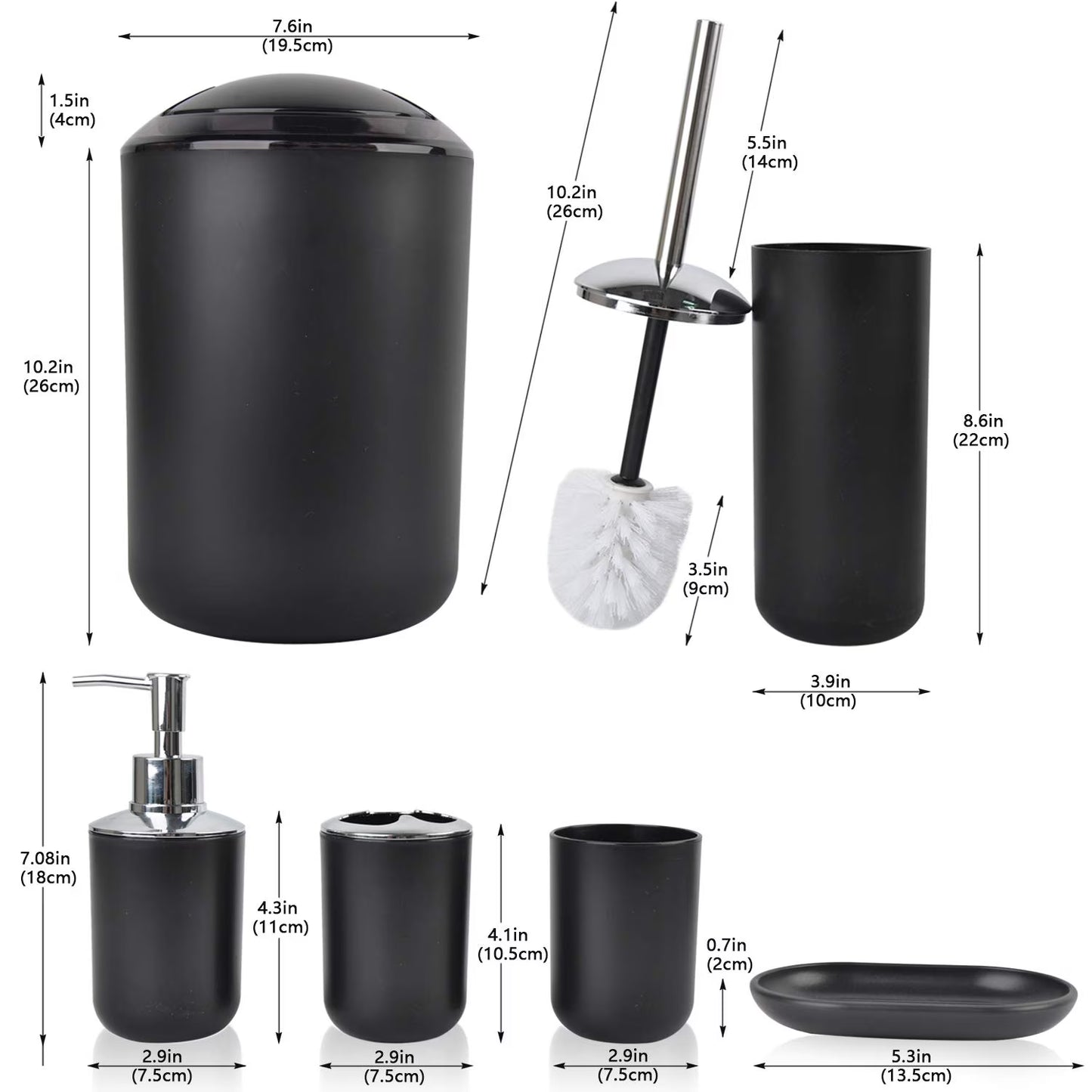 6 Plastic Bathroom Linen & Accessory Set, Black