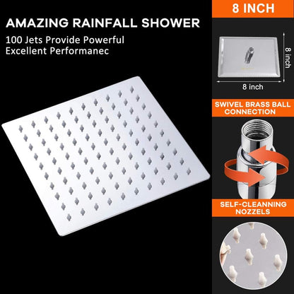 Rain Shower Head, High Flow Stainless Steel Square Rainfall Shower, High Pressure Design, Awesome Shower Experience Even at Low Water Flow (8 Inch, Chrome Finish)