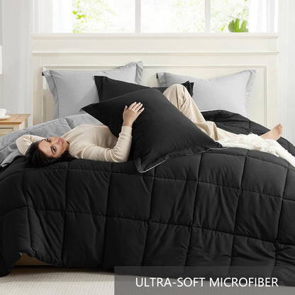 King Size Comforter Set 3 Piece, Lightweight Soft Bed Sets | No Clumping, Machine Washable, down Alternative Comforter Reversible Black/Light Grey, All Season Blanket, 2 Sham