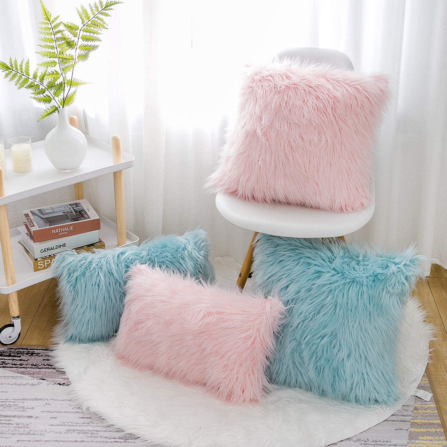 Pink Faux Fur Pillow Covers 18X18 Inch,Set of 2 Plush Decorative Throw Pillow Case for Couch Sofa Bed, Soft Fluffy Blush Pink Cushion Cover with Hidden Zipper for Bedroom Girls Room Dorm Decor