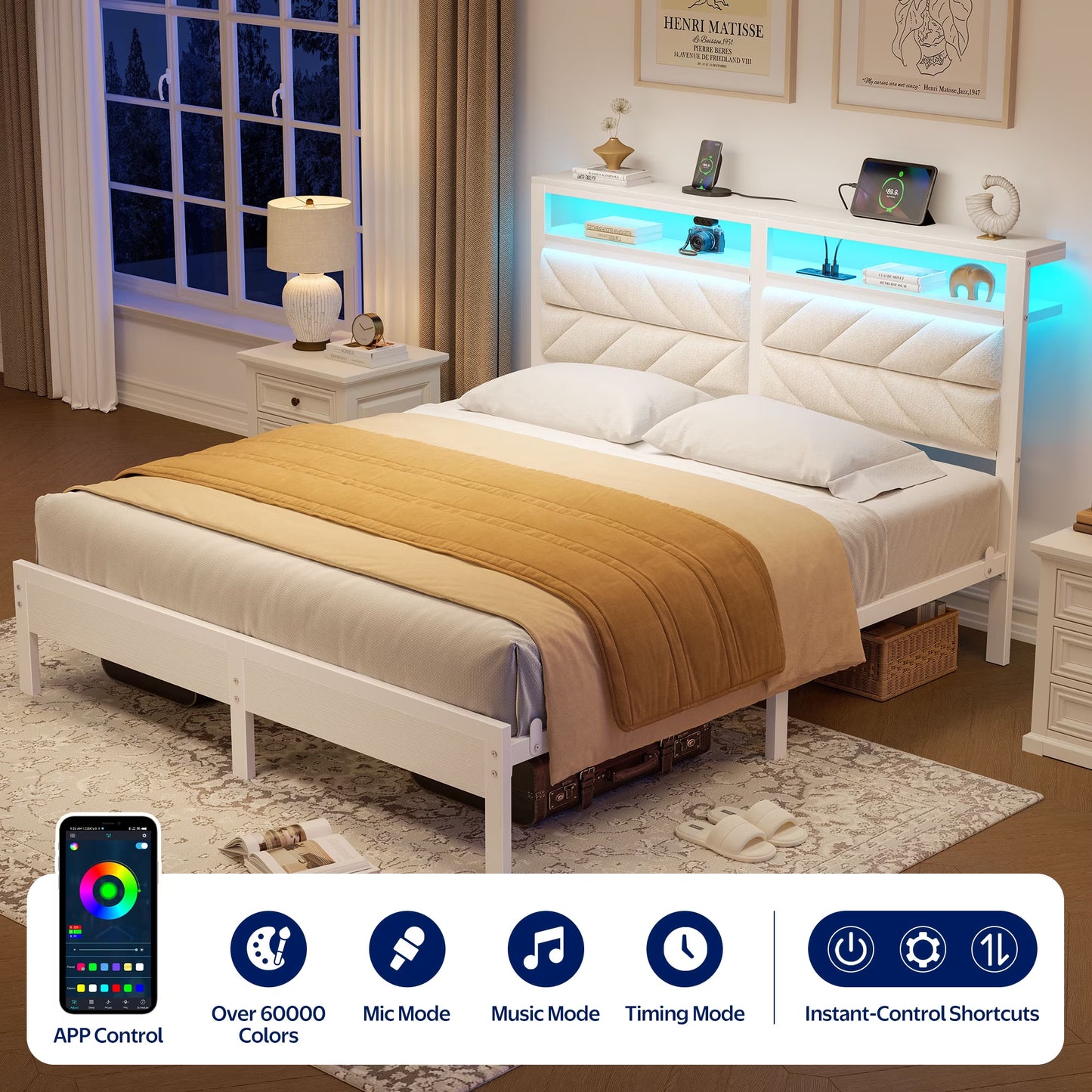 Queen LED Bed Frame with Headboard Storage - Charging Station,Off White