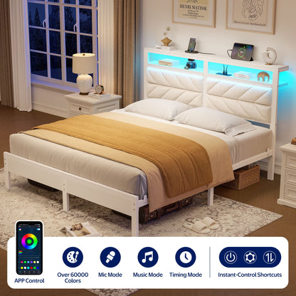 Queen LED Bed Frame with Headboard Storage - Charging Station,Off White