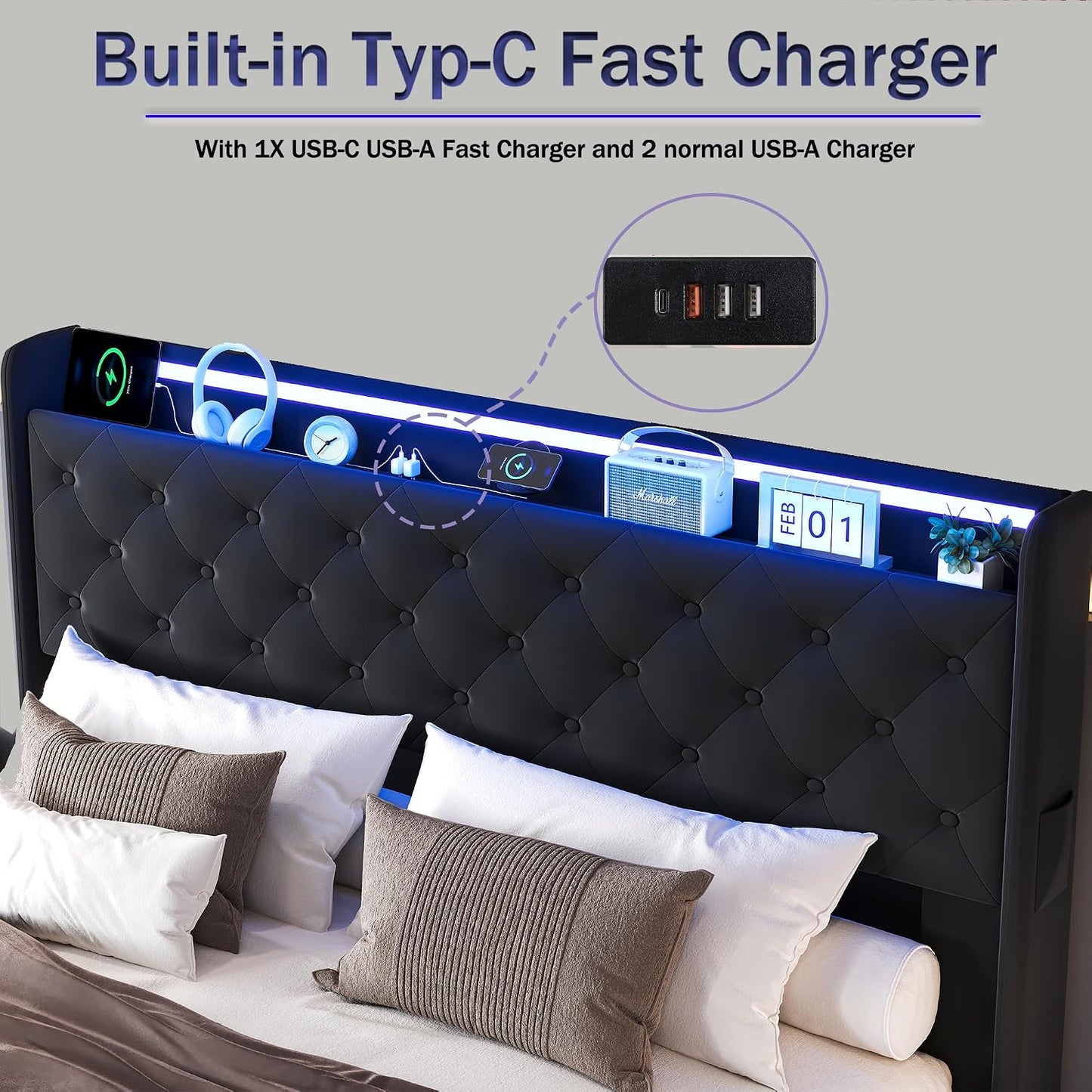 Lift up Storage Bed Queen, Bed Frame Queen Size with Charging Station&Led Lights, Upholstered Platform Bed with Wingback Storage Headboard, Hydraulic Lift System,No Box Spring Needed,Black