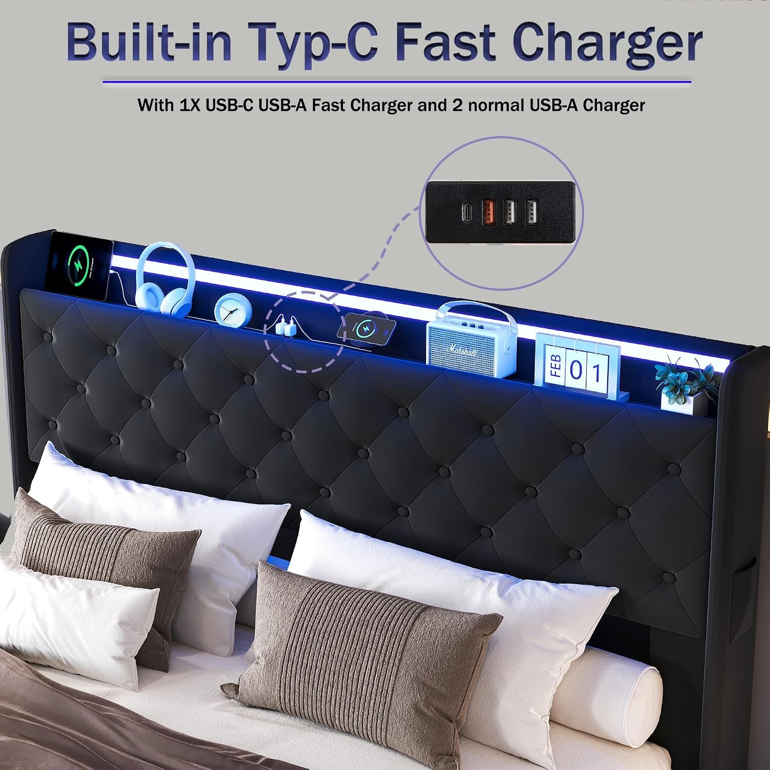 Lift up Storage Bed Queen, Bed Frame Queen Size with Charging Station&Led Lights, Upholstered Platform Bed with Wingback Storage Headboard, Hydraulic Lift System,No Box Spring Needed,Black