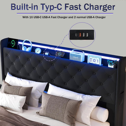 Lift up Storage Bed Queen, Bed Frame Queen Size with Charging Station&Led Lights, Upholstered Platform Bed with Wingback Storage Headboard, Hydraulic Lift System,No Box Spring Needed,Black