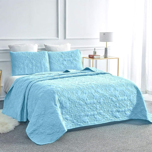 Sophia and William 3 Pieces Quilt Set Queen/Full Size with 1 Quilt and 2 Pillow Shams, Reversible Microfiber Bedding Bedspread Coverlet Set, Cozy, Lightweight and Hypoallergenic, Light Blue | 1 Quilt, 2 Pillow Shams, Reversible, Lightweight, All-Season, M