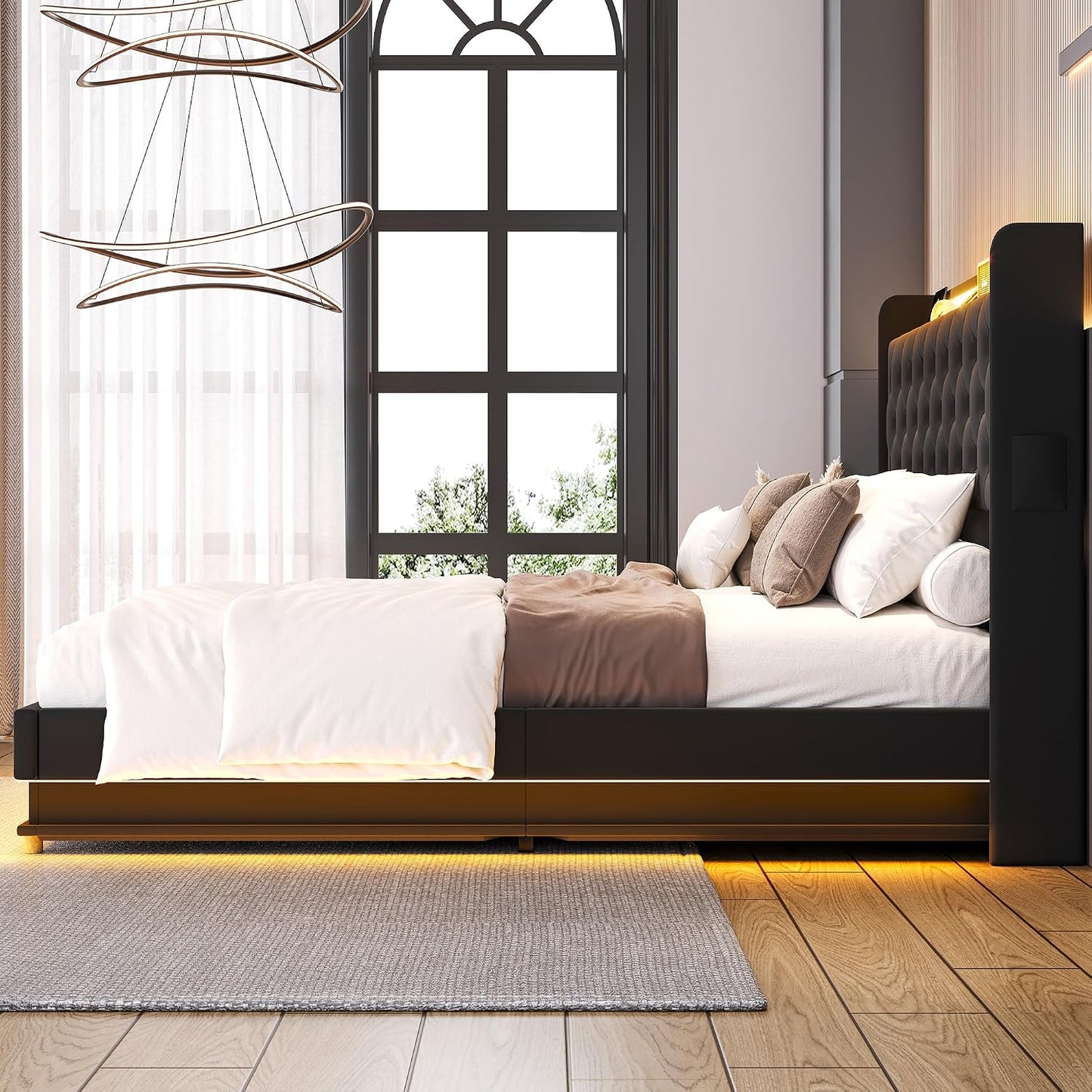 Lift up Storage Bed Queen, Bed Frame Queen Size with Charging Station&Led Lights, Upholstered Platform Bed with Wingback Storage Headboard, Hydraulic Lift System,No Box Spring Needed,Black