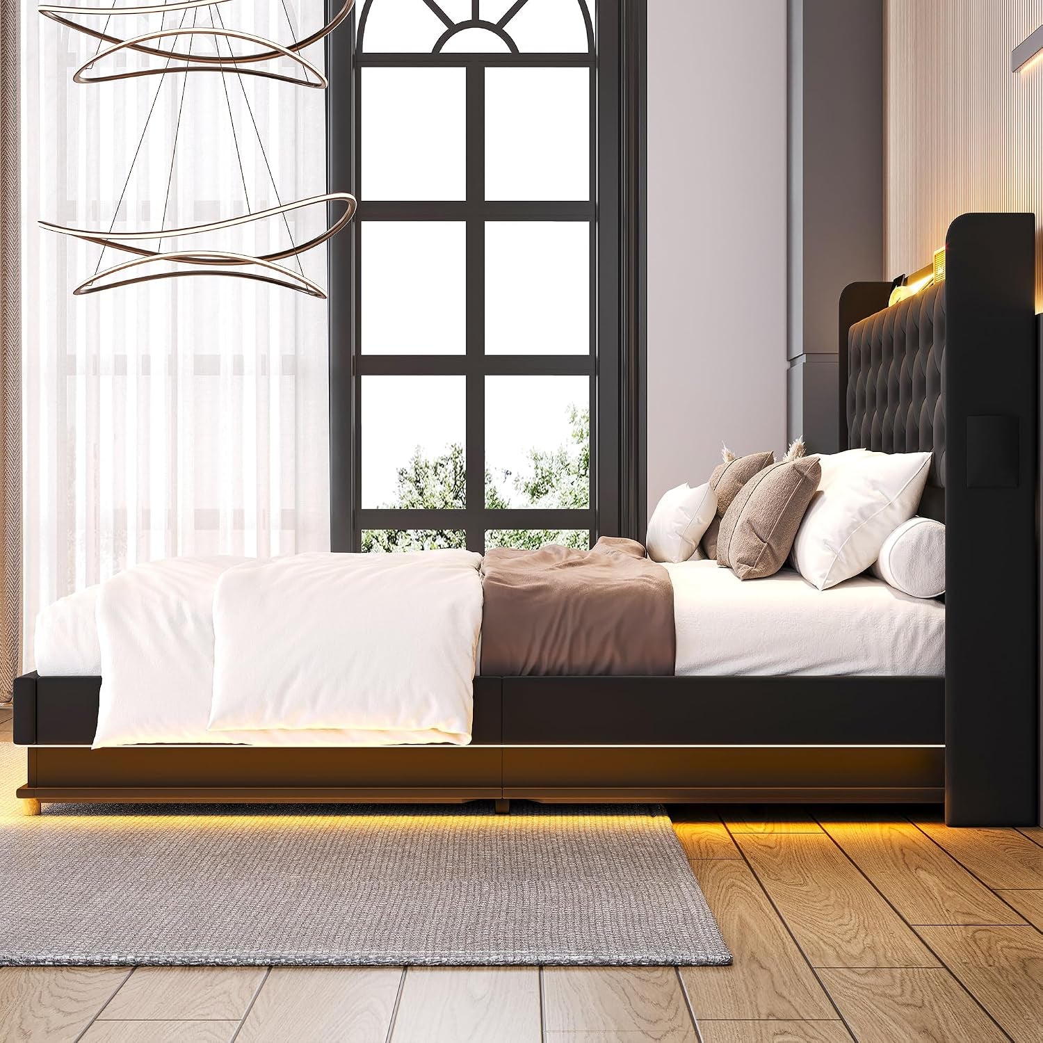 Lift up Storage Bed Queen, Bed Frame Queen Size with Charging Station&Led Lights, Upholstered Platform Bed with Wingback Storage Headboard, Hydraulic Lift System,No Box Spring Needed,Black