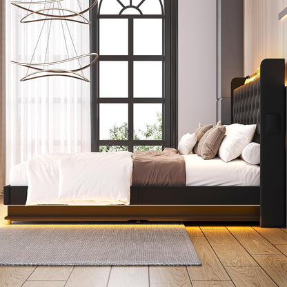 Lift up Storage Bed Queen, Bed Frame Queen Size with Charging Station&Led Lights, Upholstered Platform Bed with Wingback Storage Headboard, Hydraulic Lift System,No Box Spring Needed,Black