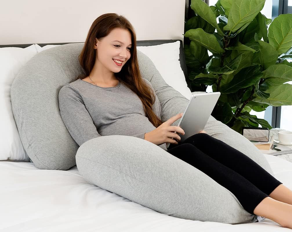 Pregnancy Pillow for Sleeping, Maternity Pillow with Jersey Cotton Cover,C Shaped Body Pillow for Pregnant (Natural Gray)