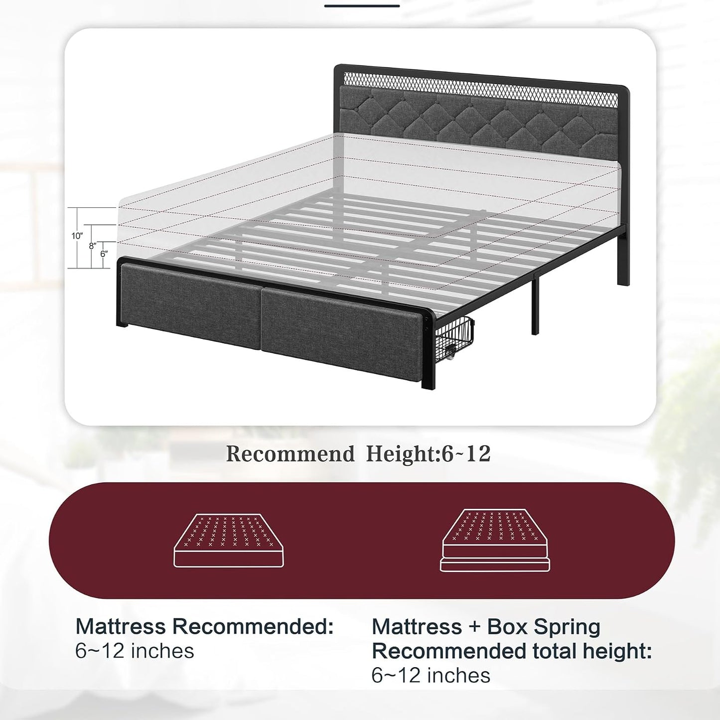 Queen Size Bed Frame with Headboard, Metal Platform Bed Frames Queen Size with 2 Under-Bed Storage Drawers, LED Lights, Soft Linen, Noise Free, No Box Spring Needed, Easy Assembly, Gray