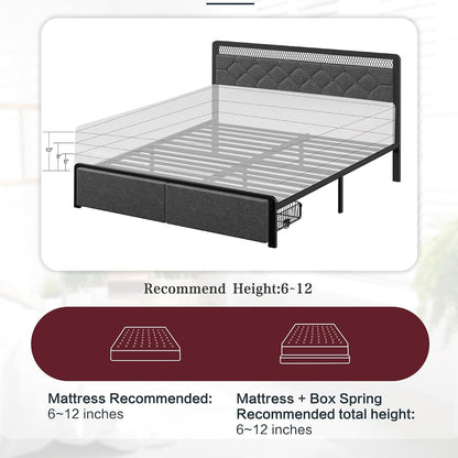 Queen Size Bed Frame with Headboard, Metal Platform Bed Frames Queen Size with 2 Under-Bed Storage Drawers, LED Lights, Soft Linen, Noise Free, No Box Spring Needed, Easy Assembly, Gray