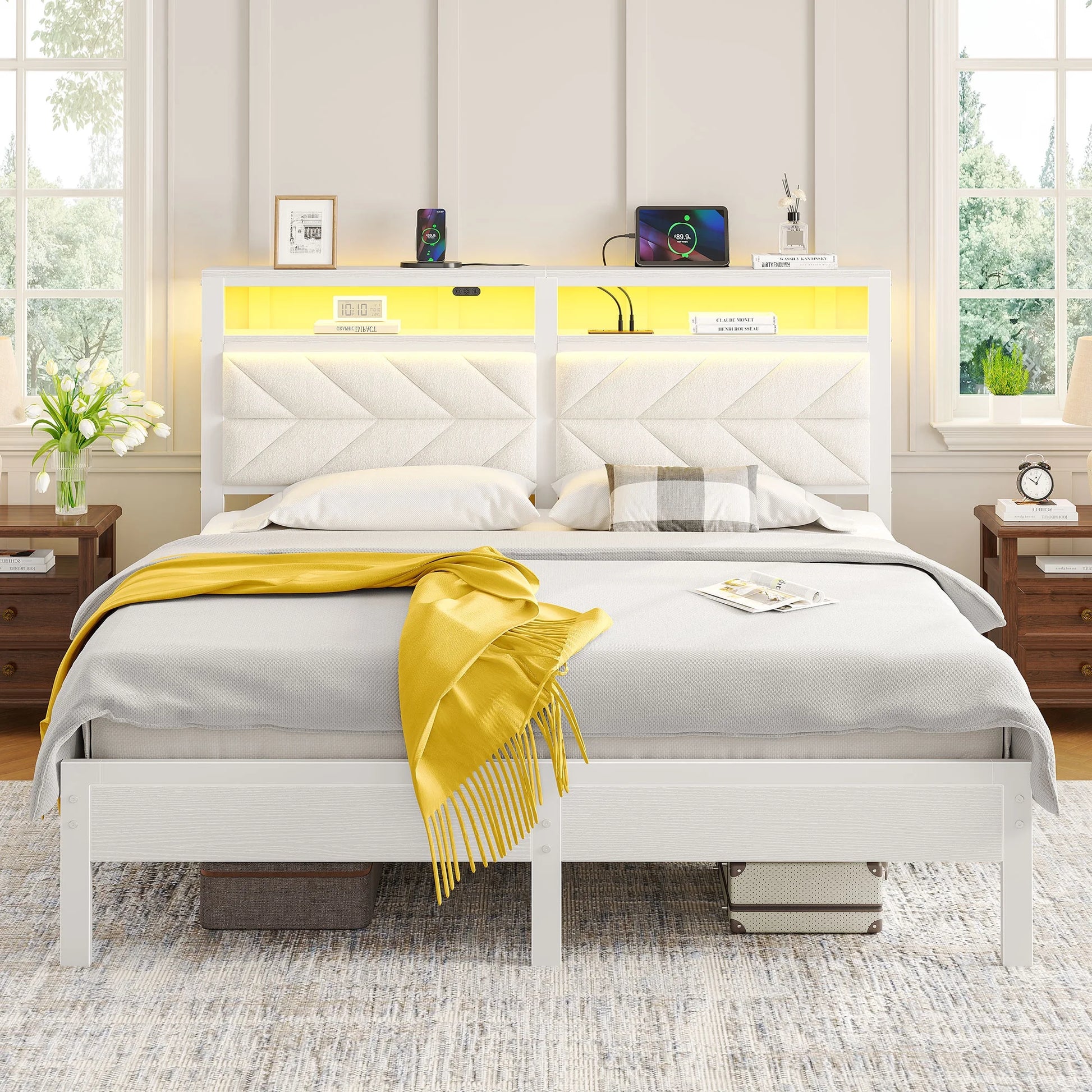 Queen LED Bed Frame with Headboard Storage - Charging Station,Off White