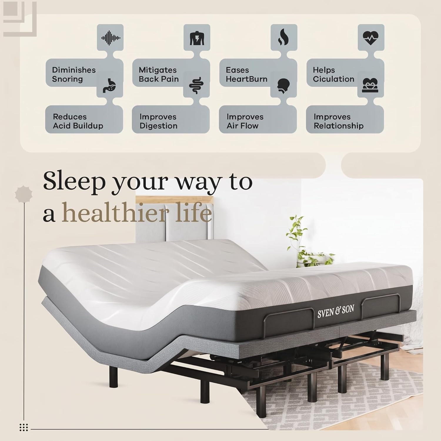 Sven & Son Classic Adjustable Bed Base, Head and Foot Lift, Massage, Under-Bed Lights, USB, Gel Memory, Zero Gravity Smart Frame - King + 12 Inch Memory Foam Matt (Medium)