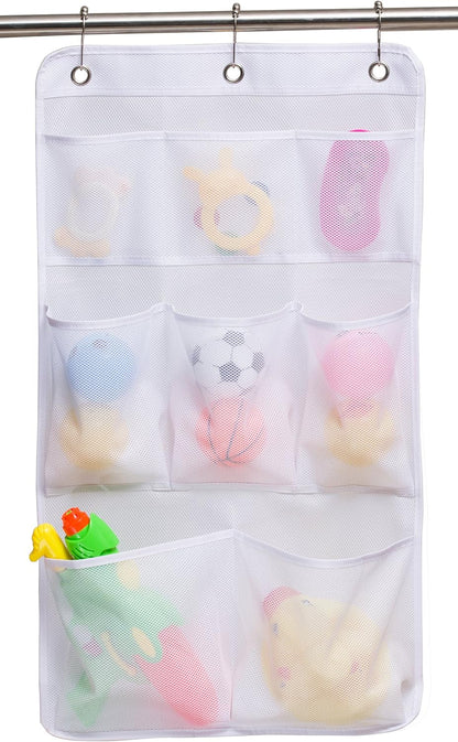 Mesh Shower Organizer Hanging Bathroom Caddy 8 Pockets Hang Curtain Rod with 3 Rings