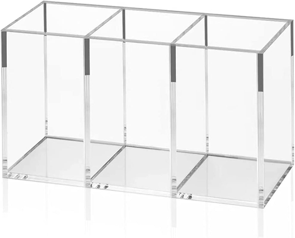 Acrylic Pen Holder 3 Compartments, Clear Pencil Organizer Cup for Countertop Desk Accessory Storage | Scratch-Resistant Thick Acrylic with 3 Slots for Pens, Pencils, Makeup Brushes, Office, Vanity and School Use