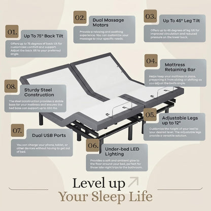 Sven & Son Classic Adjustable Bed Base, Head and Foot Lift, Massage, Under-Bed Lights, USB, Gel Memory, Zero Gravity Smart Frame - King + 12 Inch Memory Foam Matt (Medium)