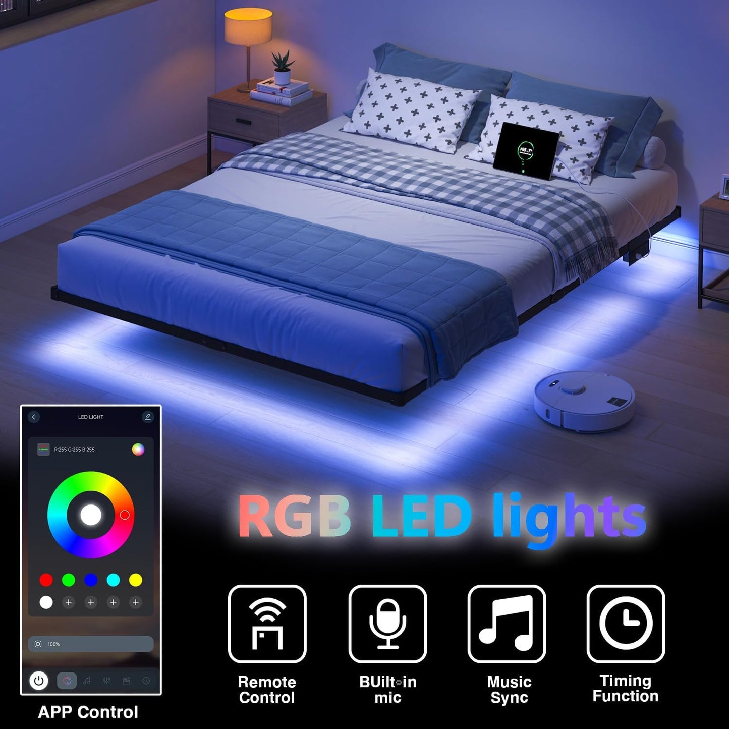 10 Inch Full Size Floating Bed Frame with Charging Station | LED Lights, Platform Bed Frame No Box Spring Needed, Easy Assembly