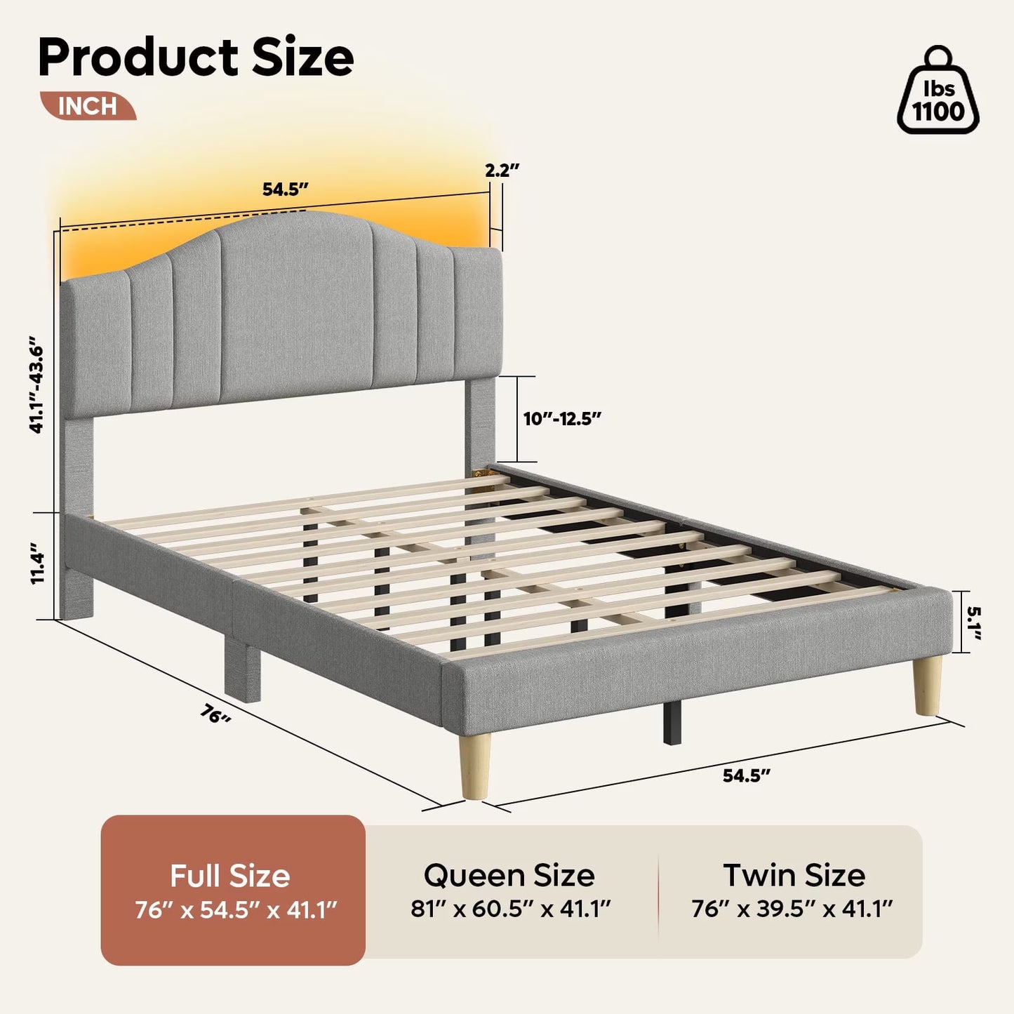 Full Upholstered Bed Frame with Adjustable Arc-Shaped Headboard, LED Platform Bed, Fabric Gray