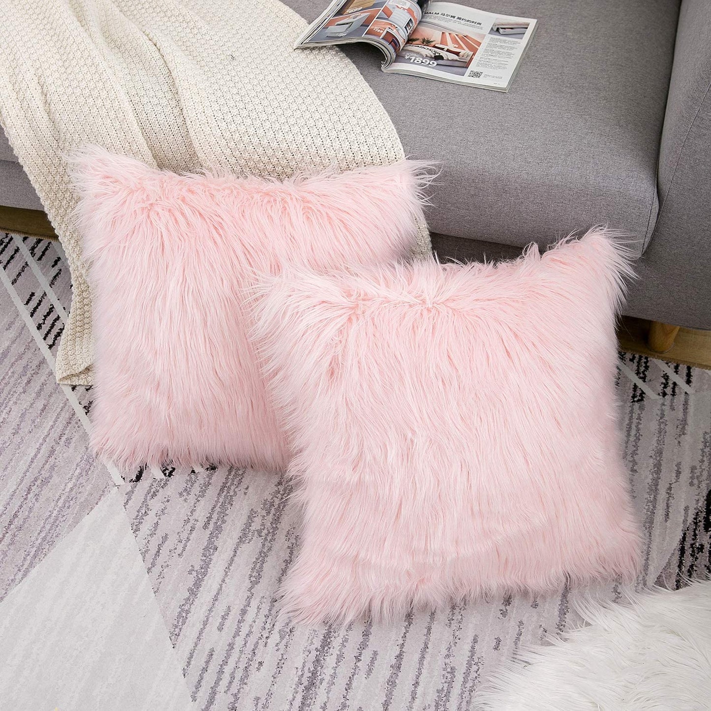Pink Faux Fur Pillow Covers 18X18 Inch,Set of 2 Plush Decorative Throw Pillow Case for Couch Sofa Bed, Soft Fluffy Blush Pink Cushion Cover with Hidden Zipper for Bedroom Girls Room Dorm Decor