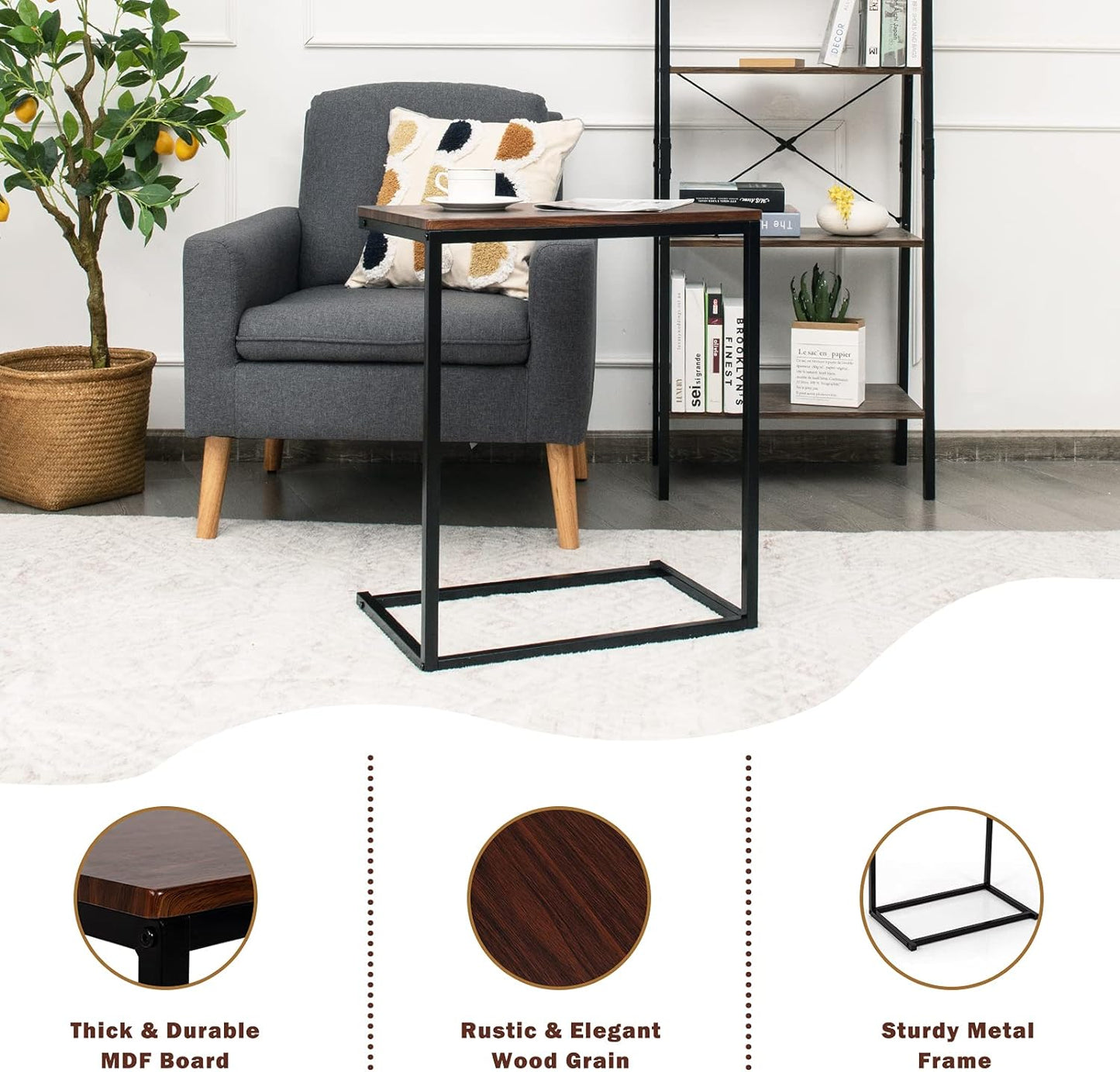 C Shaped End Table, Couch Sofa Side TV Tray for Coffee Snack Laptop, Vintage Bedside Table for Living Room, Bedroom