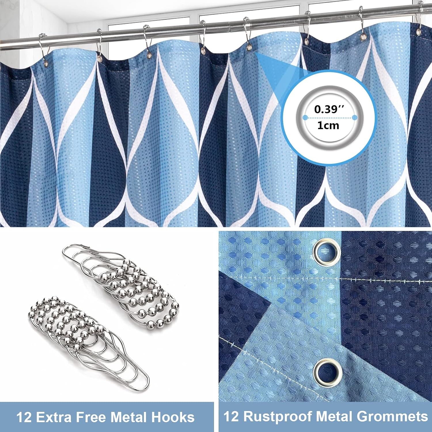 Geometric Shower Curtain with Stainless Steel Hooks - Heavy Duty Fabric Shower Curtains, Water Resistant, Machine Washable, Weighted Hem, 72 X 72 Inches (Blue)