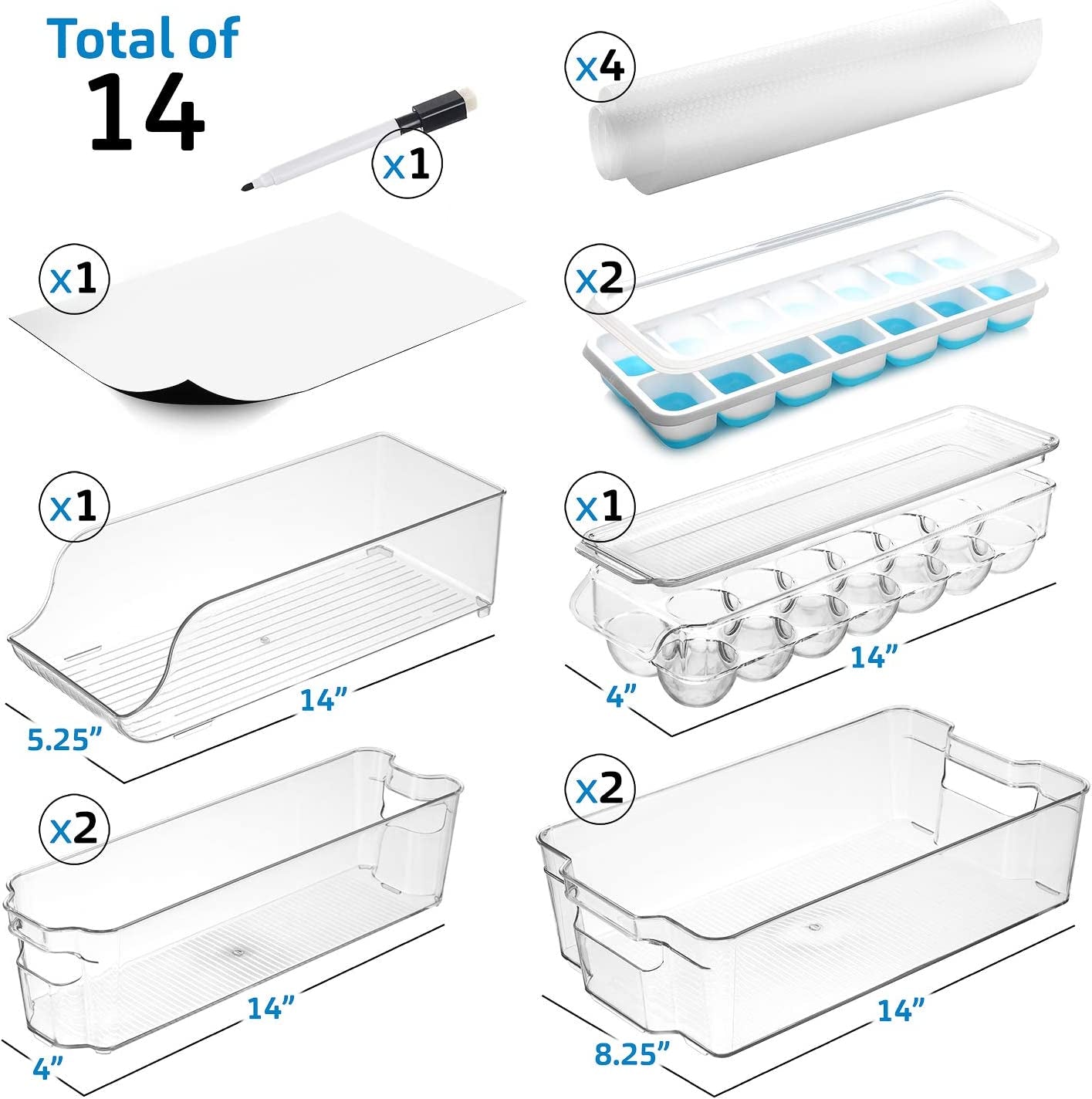 Fridge Organizer - 14 Piece Refrigerator Organizer Bins - Stackable Freezer Organizer - Clear Refrigerator Organizer - Acrylic Fridge Bins, (VDS-SB-BIN-14SET)