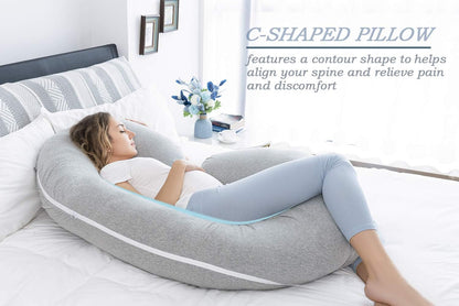 Pregnancy Pillow for Sleeping, Maternity Pillow with Jersey Cotton Cover,C Shaped Body Pillow for Pregnant (Natural Gray)