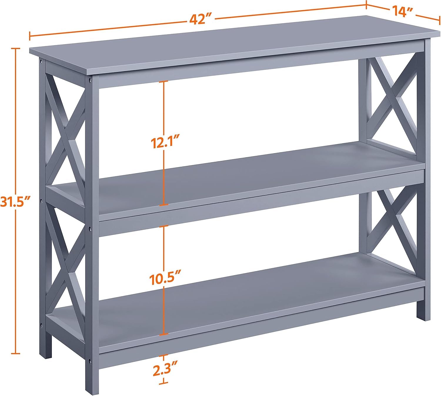 Yaheetech 42"L Console Table 3-Tier Narrow X-Frame Open Storage Shelf, Gray | Sofa Table for Entryway, Hallway and Living Room, Slim 14" Depth, Powder-Coated MDF, 88 Lb Top Load, Easy Assembly