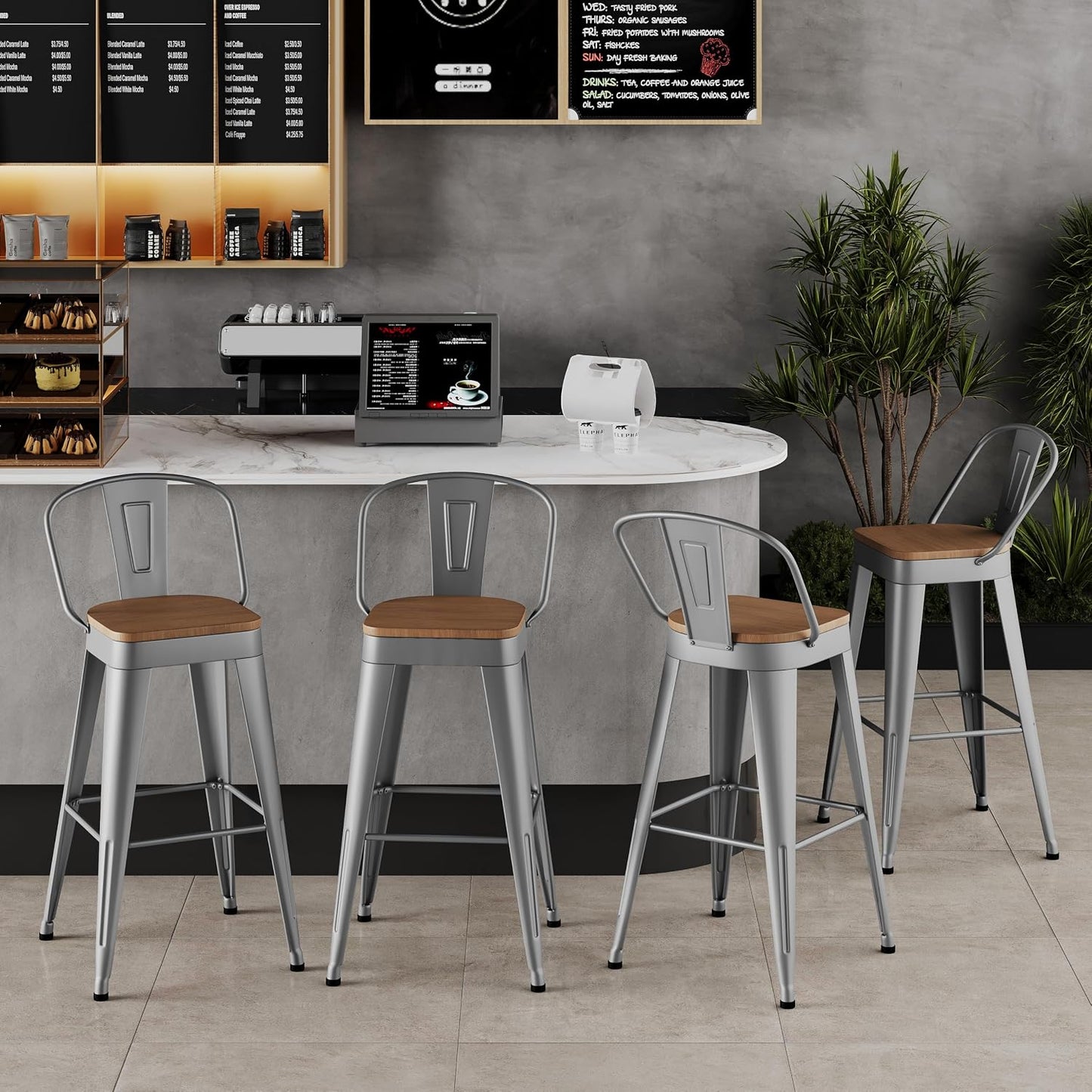 Industrial Metal Bar Stools Set of 4, 26 Inch Counter Height Barstools with Backs, Farmhouse Style, Silver