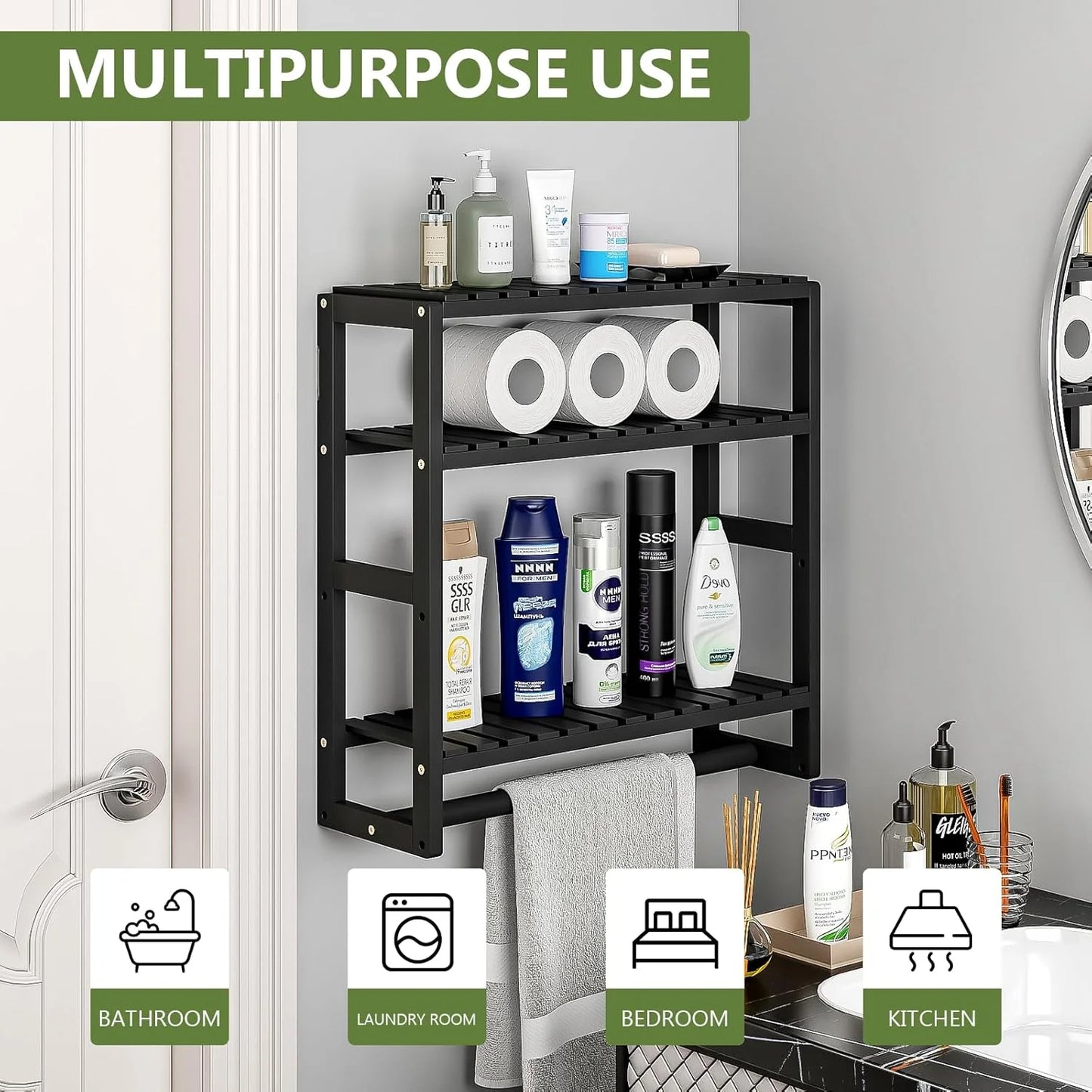 over the Toilet Storage Rack, 3 Tier Bathroom Organizer Shelf over Toilet, Freestanding Space Saver Toilet Stands Floating Shelves Wall Shelf Rustic Bamboo Shelves for Storage （Black）