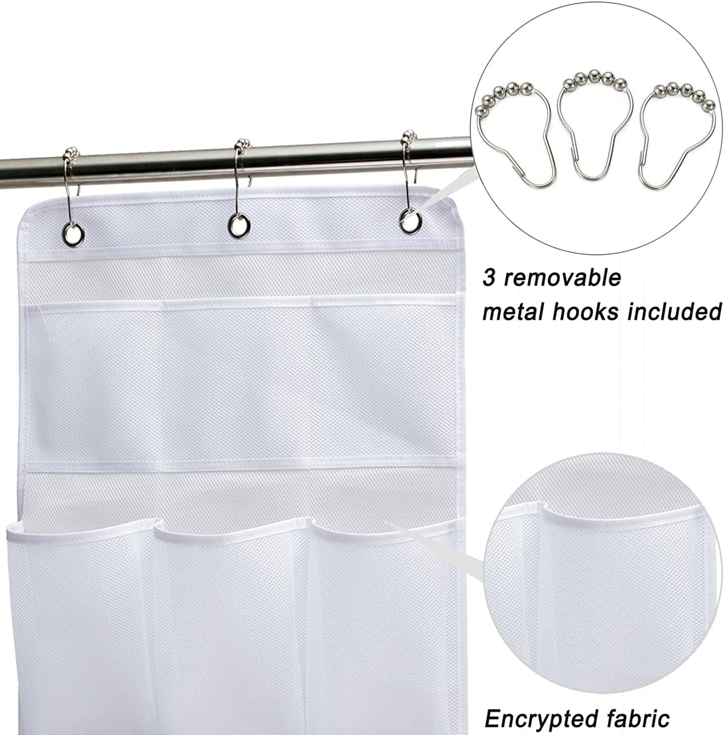 Mesh Shower Organizer Hanging Bathroom Caddy 8 Pockets Hang Curtain Rod with 3 Rings