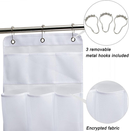 Mesh Shower Organizer Hanging Bathroom Caddy 8 Pockets Hang Curtain Rod with 3 Rings