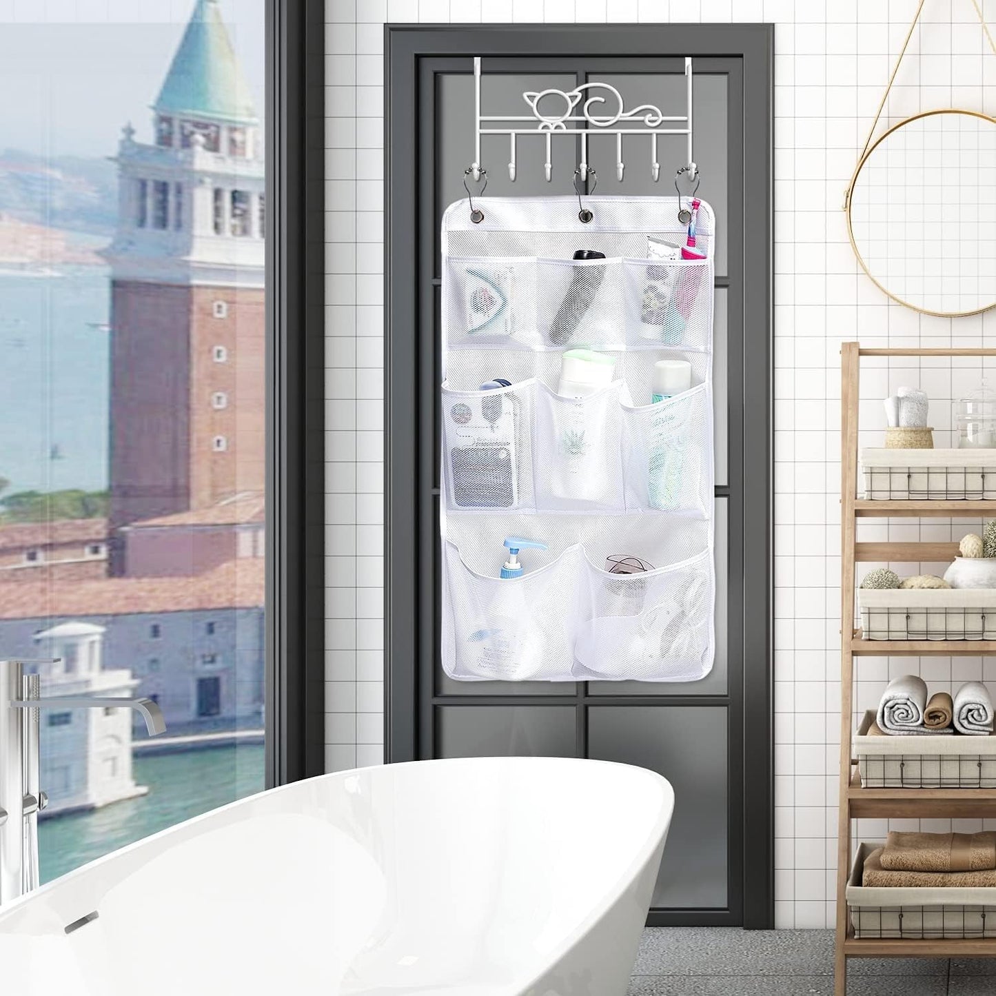 Mesh Shower Organizer Hanging Bathroom Caddy 8 Pockets Hang Curtain Rod with 3 Rings
