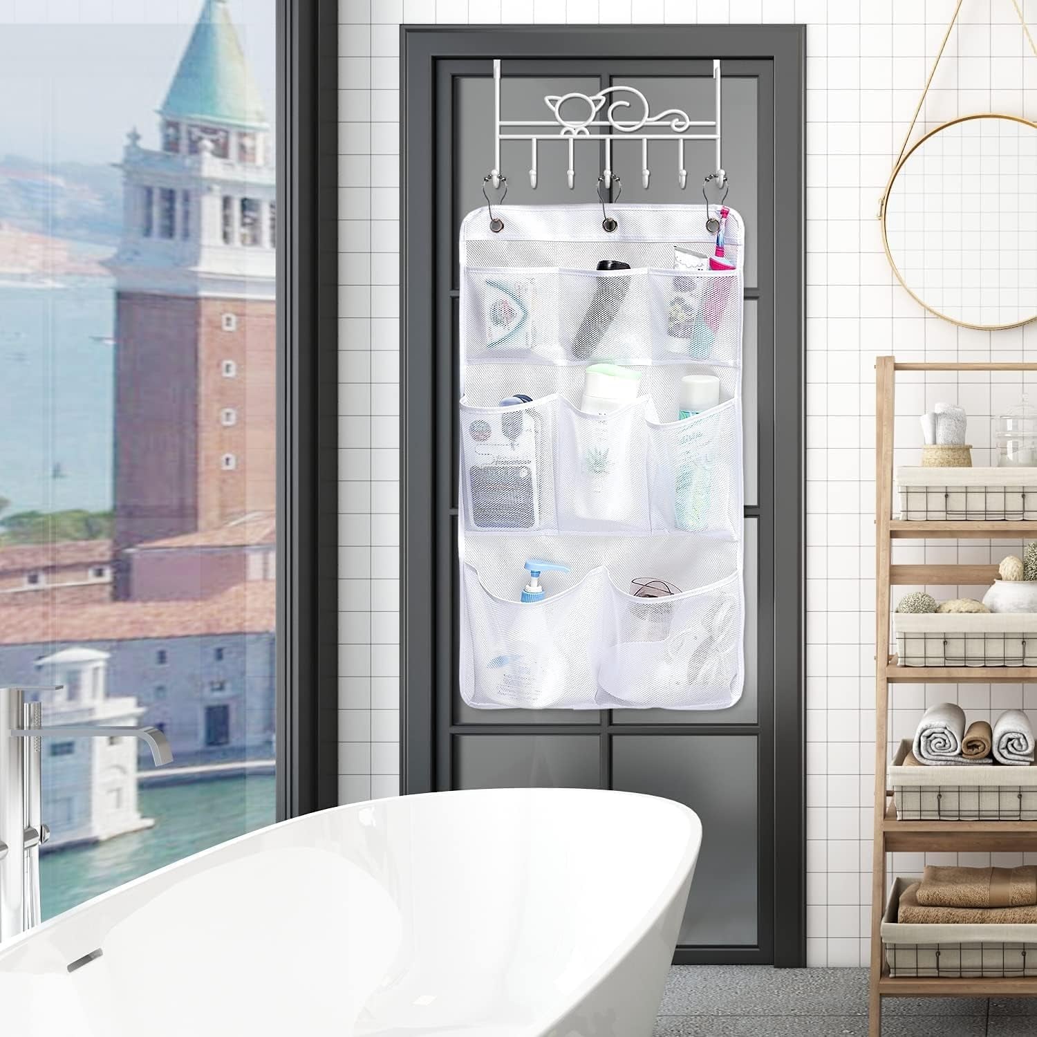 Mesh Shower Organizer Hanging Bathroom Caddy 8 Pockets Hang Curtain Rod with 3 Rings