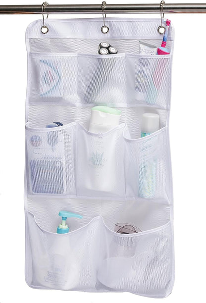 Mesh Shower Organizer Hanging Bathroom Caddy 8 Pockets Hang Curtain Rod with 3 Rings