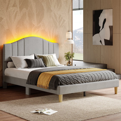 Full Upholstered Bed Frame with Adjustable Arc-Shaped Headboard, LED Platform Bed, Fabric Gray