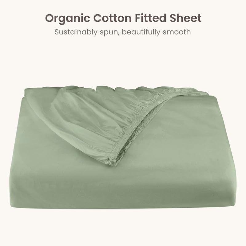 100% Organic Cotton 1 King Size Fitted Sheet Only | 300 Thread Count Sateen Weave GOTS Certified with Deep Pocket - Basil