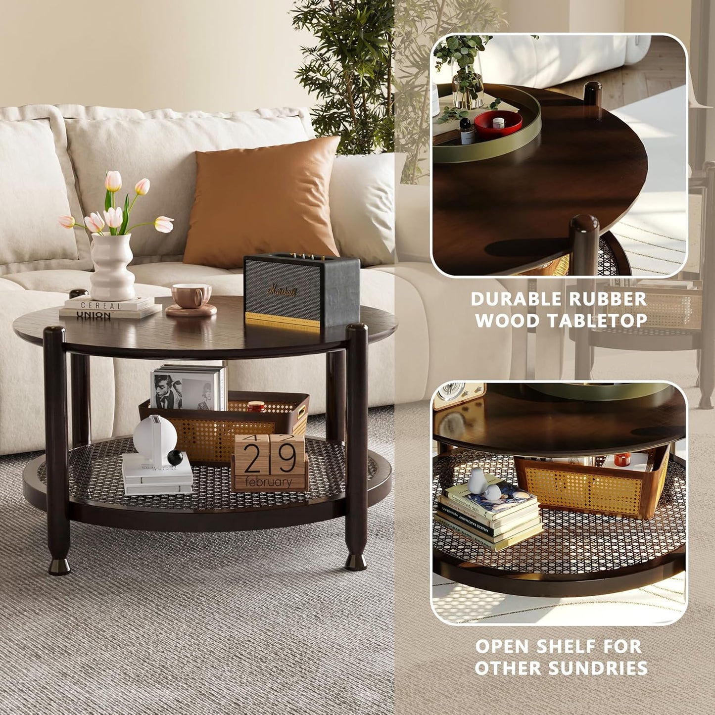 32" round Coffee Table for Living Room, 2-Tier Solid Wood Center Table for Home Decor with Boho Woven Rattan Storage Shelf | Modern Farmhouse Design, Easy Assembly, Black Brown