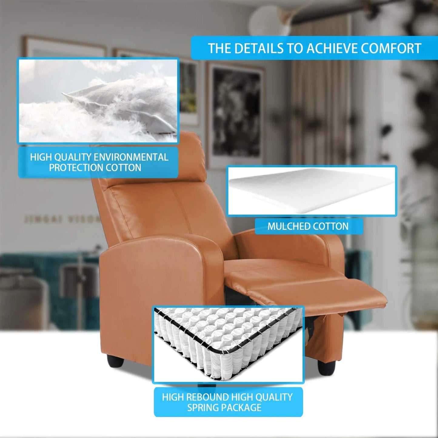 Recliner Chair for Living Room Furniture Home Theater Seating Glider Chairs Modern Wingback Single Sofa PU Leather with Footrest (Tan)