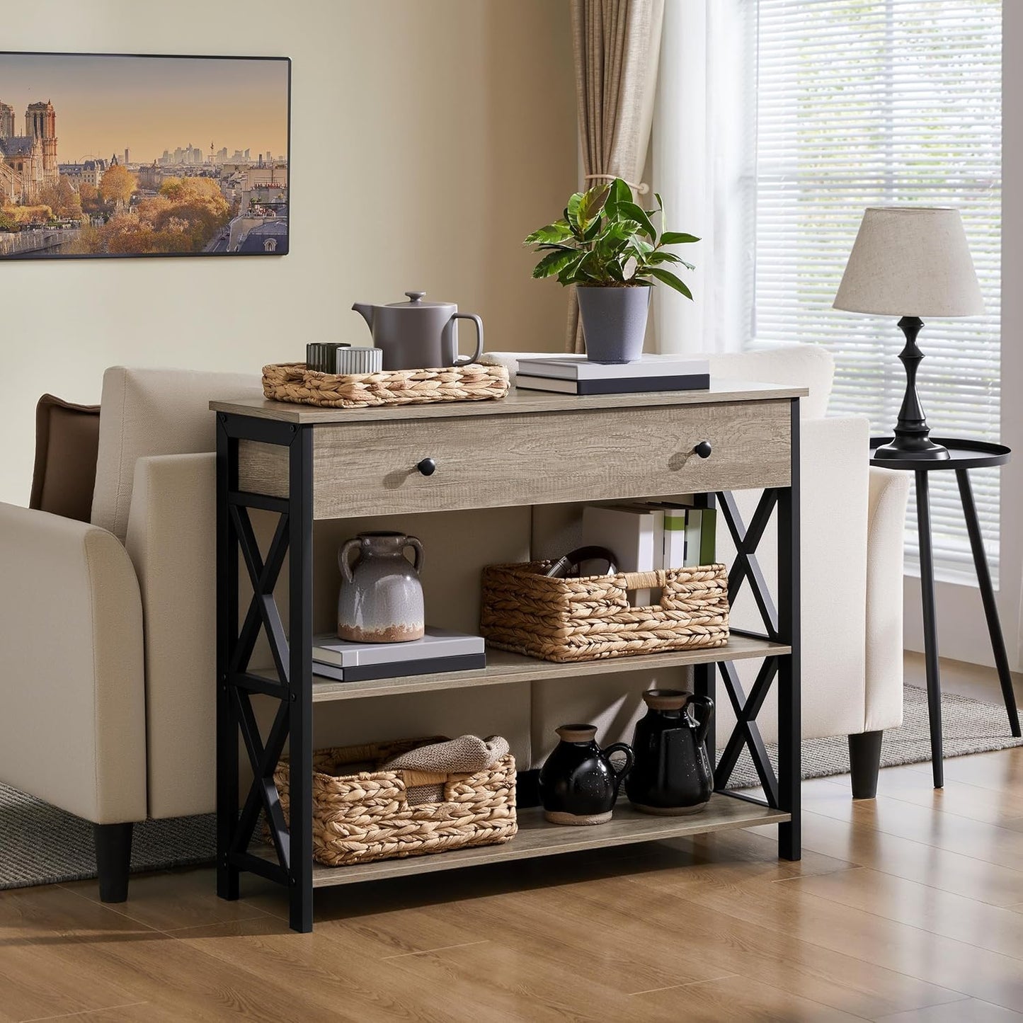 Yaheetech Console Table with Drawer, Entry Table with 3 Tier Storage, Gray | Narrow Hallway Sofa Table with Hidden Storage for Keys and Mail, Sturdy MDF Top on Black Iron Frame, Fits Small Spaces