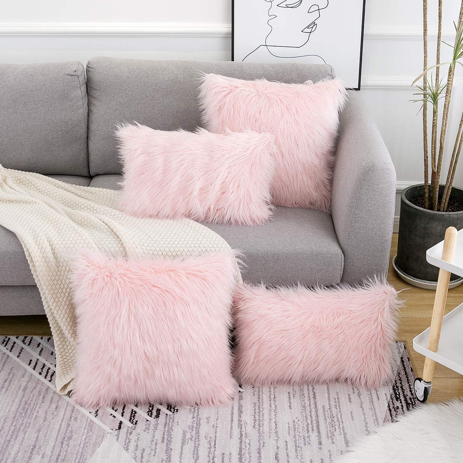 Pink Faux Fur Pillow Covers 18X18 Inch,Set of 2 Plush Decorative Throw Pillow Case for Couch Sofa Bed, Soft Fluffy Blush Pink Cushion Cover with Hidden Zipper for Bedroom Girls Room Dorm Decor