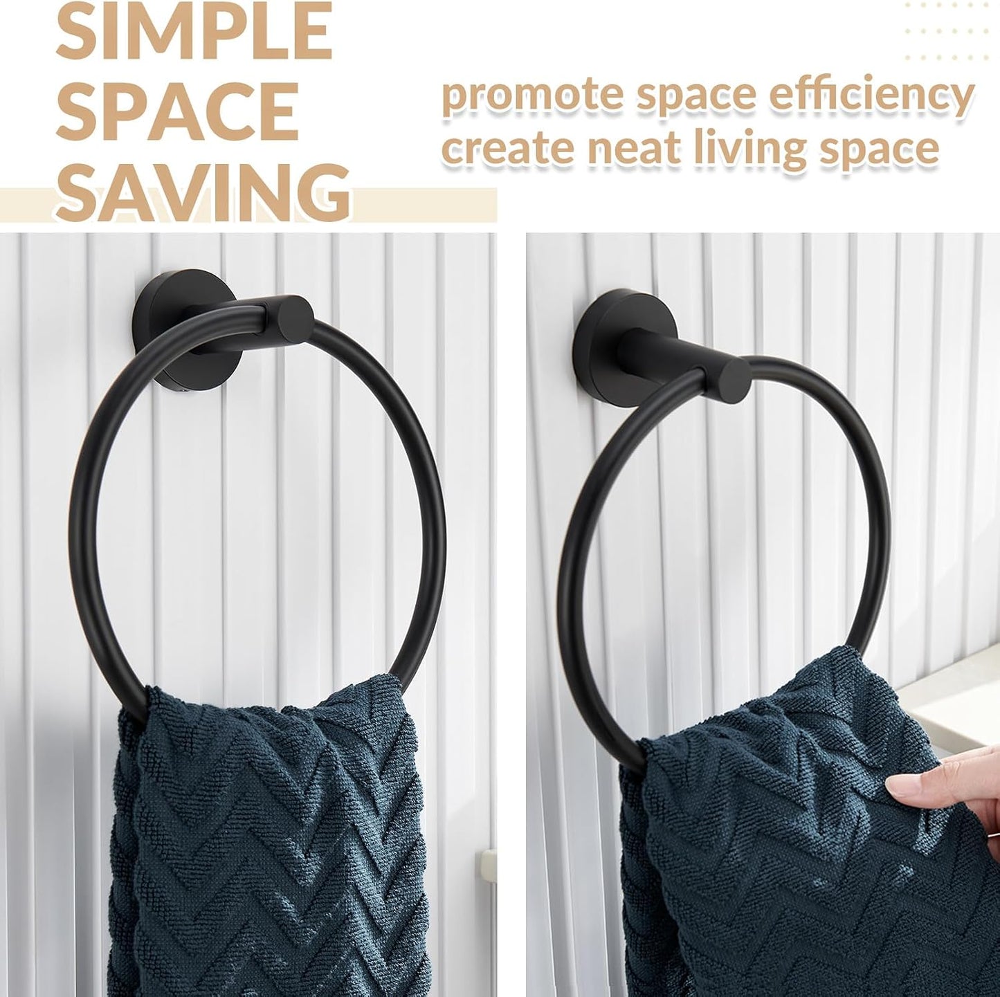 Matte Black Towel Ring Wall Mounted, Hand Towel Holder for Bathroom, Solid Stainless Steel round Wall Hanger
