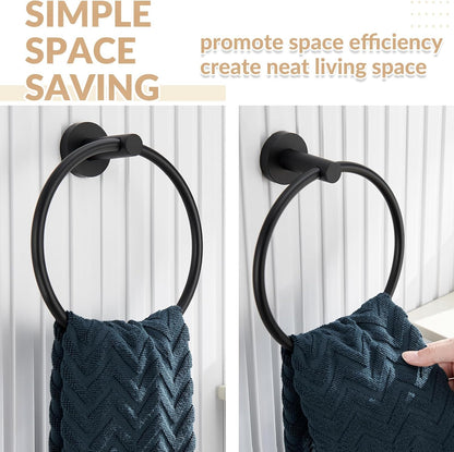 Matte Black Towel Ring Wall Mounted, Hand Towel Holder for Bathroom, Solid Stainless Steel round Wall Hanger