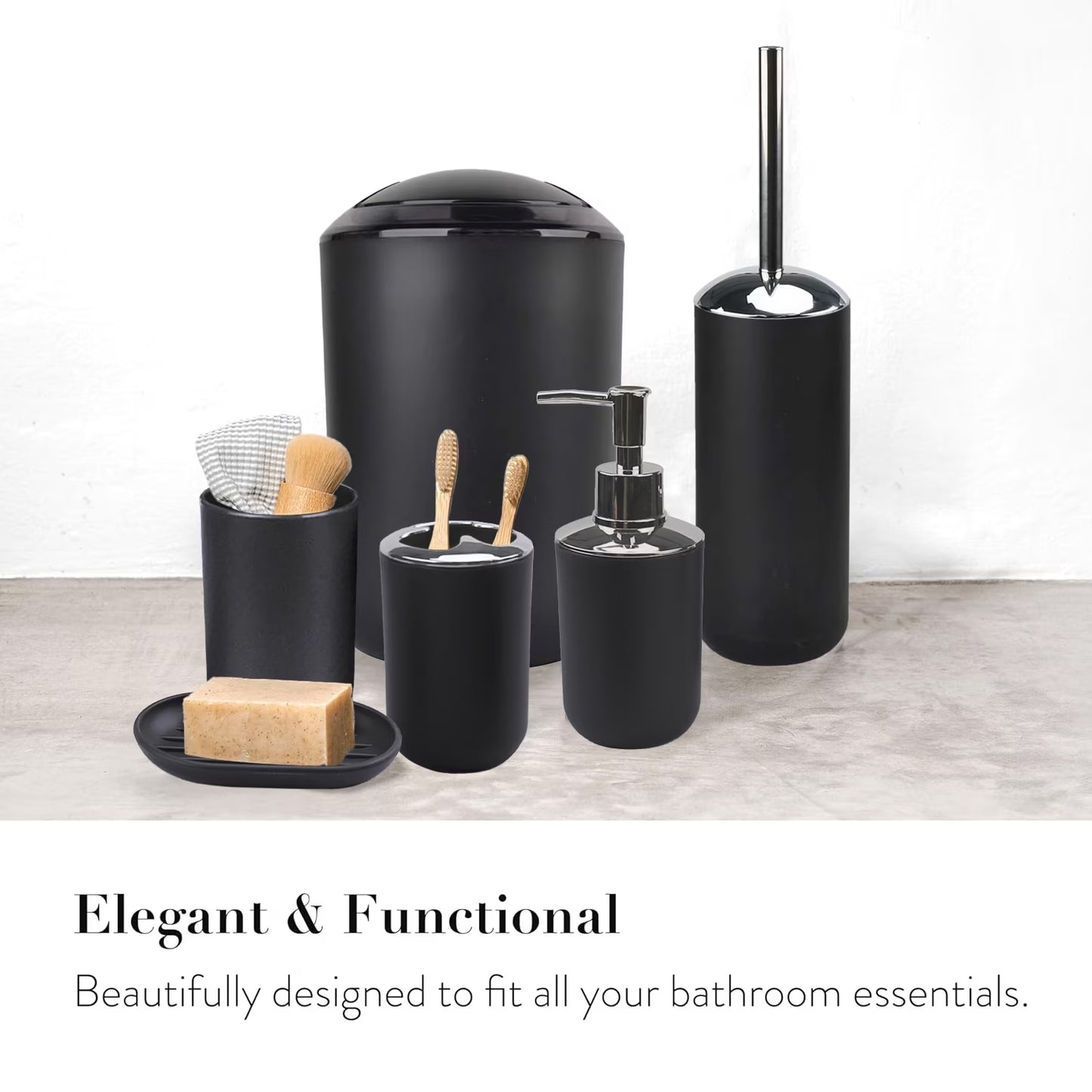 6 Plastic Bathroom Linen & Accessory Set, Black