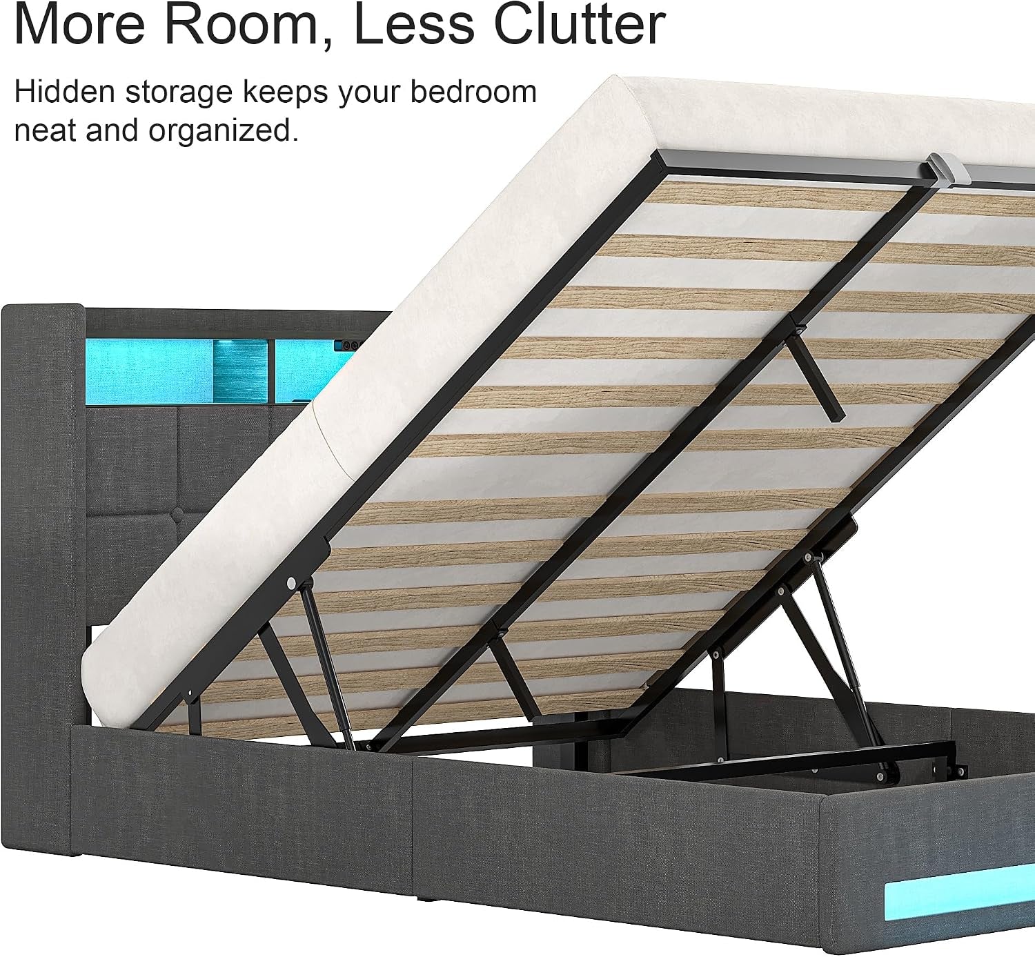 Full Size Lift up Storage Bed, Upholstered Platform Bed Frame with Smart LED Lights and USB Charging Station, No Box Spring Needed, Grey