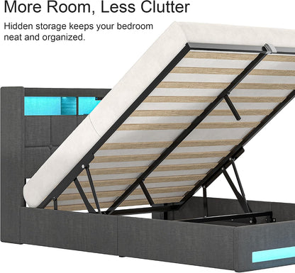 Full Size Lift up Storage Bed, Upholstered Platform Bed Frame with Smart LED Lights and USB Charging Station, No Box Spring Needed, Grey